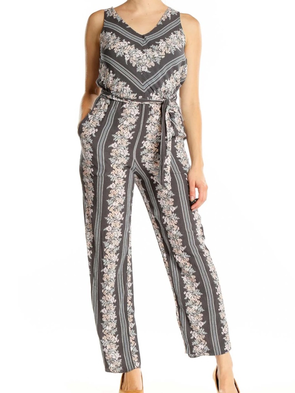 LOFT Charcoal Floral-Striped Sleeveless V-Neck Jumpsuit